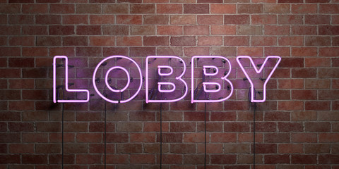 LOBBY - fluorescent Neon tube Sign on brickwork - Front view - 3D rendered royalty free stock picture. Can be used for online banner ads and direct mailers..