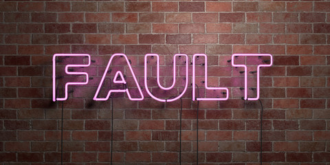 FAULT - fluorescent Neon tube Sign on brickwork - Front view - 3D rendered royalty free stock picture. Can be used for online banner ads and direct mailers..