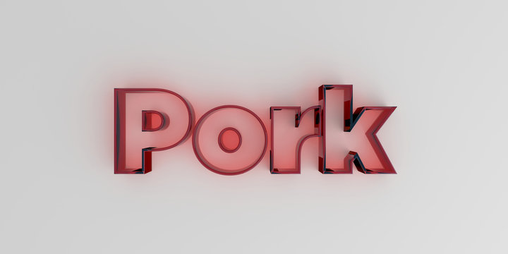 Pork - Red glass text on white background - 3D rendered royalty free stock image.