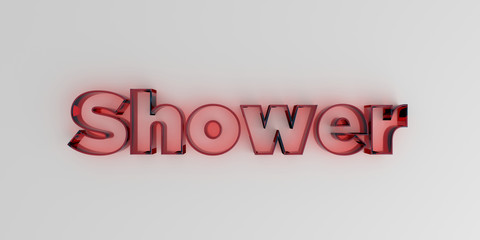 Shower - Red glass text on white background - 3D rendered royalty free stock image.