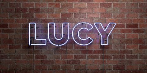 LUCY - fluorescent Neon tube Sign on brickwork - Front view - 3D rendered royalty free stock picture. Can be used for online banner ads and direct mailers..