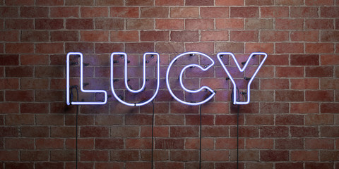 Obraz premium LUCY - fluorescent Neon tube Sign on brickwork - Front view - 3D rendered royalty free stock picture. Can be used for online banner ads and direct mailers..