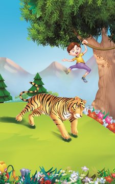 Tiger, boy hanging on a tree