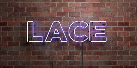 Fototapeta na wymiar LACE - fluorescent Neon tube Sign on brickwork - Front view - 3D rendered royalty free stock picture. Can be used for online banner ads and direct mailers..