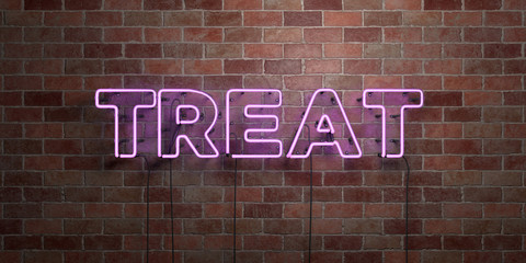 TREAT - fluorescent Neon tube Sign on brickwork - Front view - 3D rendered royalty free stock picture. Can be used for online banner ads and direct mailers..