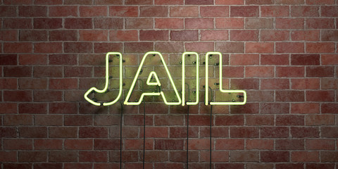 JAIL - fluorescent Neon tube Sign on brickwork - Front view - 3D rendered royalty free stock picture. Can be used for online banner ads and direct mailers..