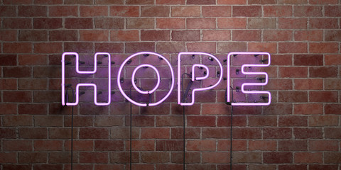 HOPE - fluorescent Neon tube Sign on brickwork - Front view - 3D rendered royalty free stock picture. Can be used for online banner ads and direct mailers..