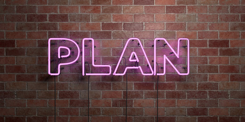 PLAN - fluorescent Neon tube Sign on brickwork - Front view - 3D rendered royalty free stock picture. Can be used for online banner ads and direct mailers..