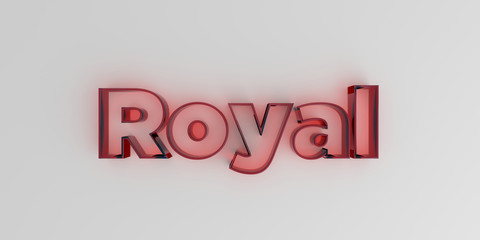 Royal - Red glass text on white background - 3D rendered royalty free stock image.