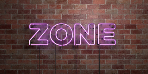 ZONE - fluorescent Neon tube Sign on brickwork - Front view - 3D rendered royalty free stock picture. Can be used for online banner ads and direct mailers..