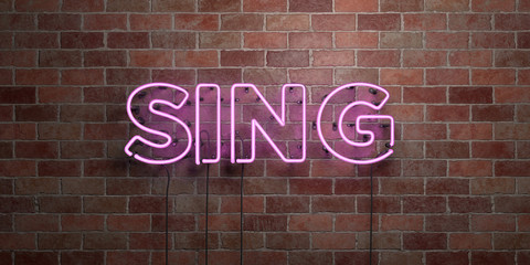 SING - fluorescent Neon tube Sign on brickwork - Front view - 3D rendered royalty free stock picture. Can be used for online banner ads and direct mailers..