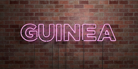 GUINEA - fluorescent Neon tube Sign on brickwork - Front view - 3D rendered royalty free stock picture. Can be used for online banner ads and direct mailers..