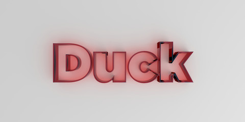 Duck - Red glass text on white background - 3D rendered royalty free stock image.