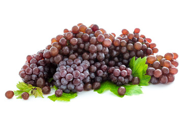 Ripe fresh Organic Table grapes, Champagne Grapes with grape leaves isolated on white background. Small fruit, Snacks for Weight Loss and Diet. Selective focus.