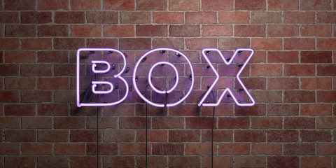 BOX - fluorescent Neon tube Sign on brickwork - Front view - 3D rendered royalty free stock picture. Can be used for online banner ads and direct mailers..