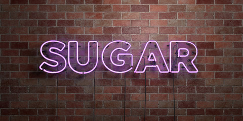 SUGAR - fluorescent Neon tube Sign on brickwork - Front view - 3D rendered royalty free stock picture. Can be used for online banner ads and direct mailers..