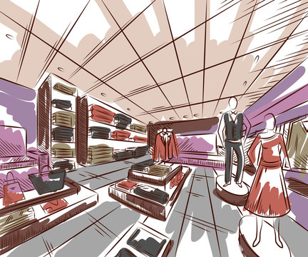 Fashion Store Interior Design In Sketch Style. Vintage Hand Drawn Vector Illustration