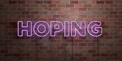 HOPING - fluorescent Neon tube Sign on brickwork - Front view - 3D rendered royalty free stock picture. Can be used for online banner ads and direct mailers..