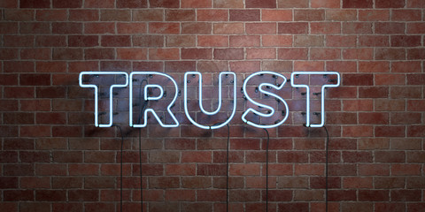 TRUST - fluorescent Neon tube Sign on brickwork - Front view - 3D rendered royalty free stock picture. Can be used for online banner ads and direct mailers..