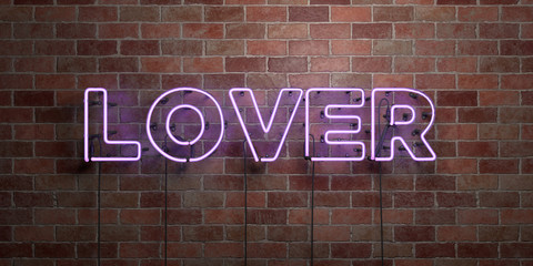 LOVER - fluorescent Neon tube Sign on brickwork - Front view - 3D rendered royalty free stock picture. Can be used for online banner ads and direct mailers..
