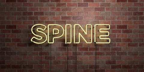Fototapeta na wymiar SPINE - fluorescent Neon tube Sign on brickwork - Front view - 3D rendered royalty free stock picture. Can be used for online banner ads and direct mailers..