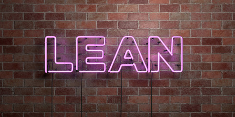 Fototapeta na wymiar LEAN - fluorescent Neon tube Sign on brickwork - Front view - 3D rendered royalty free stock picture. Can be used for online banner ads and direct mailers..