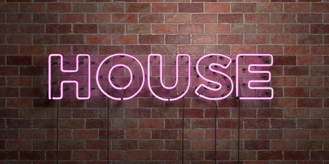 HOUSE - fluorescent Neon tube Sign on brickwork - Front view - 3D rendered royalty free stock picture. Can be used for online banner ads and direct mailers..