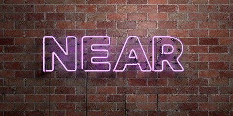 Fototapeta na wymiar NEAR - fluorescent Neon tube Sign on brickwork - Front view - 3D rendered royalty free stock picture. Can be used for online banner ads and direct mailers..