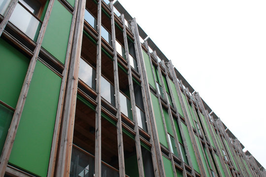 Wood facade of Renzo Piano Residential Building (Le Albere) in Trento Italy