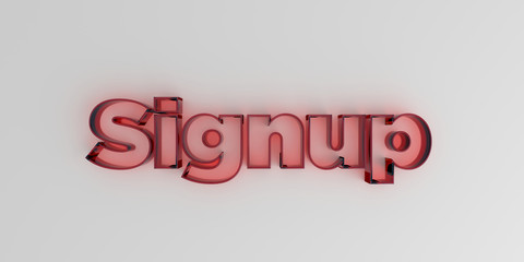 Signup - Red glass text on white background - 3D rendered royalty free stock image.