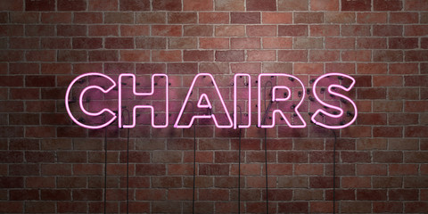 CHAIRS - fluorescent Neon tube Sign on brickwork - Front view - 3D rendered royalty free stock picture. Can be used for online banner ads and direct mailers..