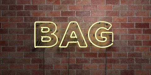 BAG - fluorescent Neon tube Sign on brickwork - Front view - 3D rendered royalty free stock picture. Can be used for online banner ads and direct mailers..