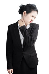 Acute pain and sore throat symptom in a businesswoman isolated on white background. Clipping path on white background.