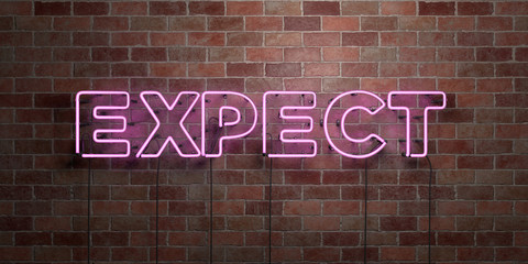 EXPECT - fluorescent Neon tube Sign on brickwork - Front view - 3D rendered royalty free stock picture. Can be used for online banner ads and direct mailers..
