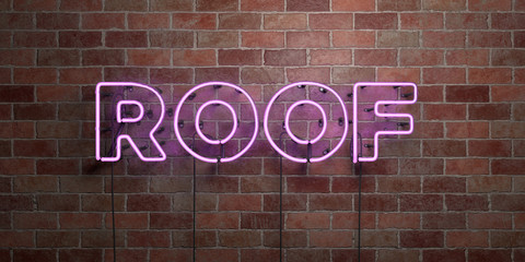 ROOF - fluorescent Neon tube Sign on brickwork - Front view - 3D rendered royalty free stock picture. Can be used for online banner ads and direct mailers..