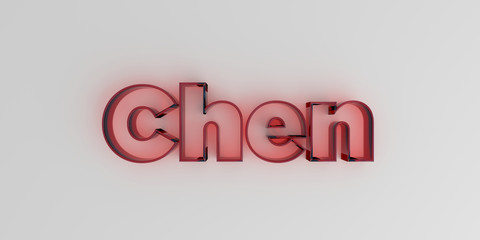 Chen - Red glass text on white background - 3D rendered royalty free stock image.