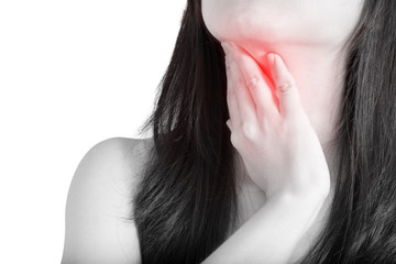 Acute pain and sore throat symptom in a woman isolated on white background. Clipping path on white background.