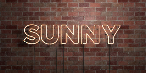 SUNNY - fluorescent Neon tube Sign on brickwork - Front view - 3D rendered royalty free stock picture. Can be used for online banner ads and direct mailers..