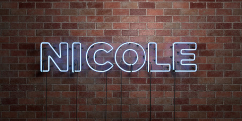 NICOLE - fluorescent Neon tube Sign on brickwork - Front view - 3D rendered royalty free stock picture. Can be used for online banner ads and direct mailers..