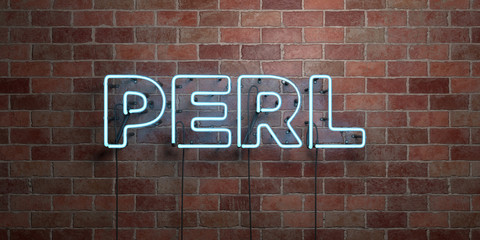 PERL - fluorescent Neon tube Sign on brickwork - Front view - 3D rendered royalty free stock picture. Can be used for online banner ads and direct mailers..