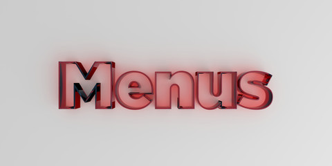 Menus - Red glass text on white background - 3D rendered royalty free stock image.