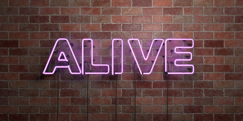 Fototapeta na wymiar ALIVE - fluorescent Neon tube Sign on brickwork - Front view - 3D rendered royalty free stock picture. Can be used for online banner ads and direct mailers..