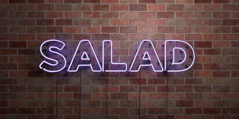 SALAD - fluorescent Neon tube Sign on brickwork - Front view - 3D rendered royalty free stock picture. Can be used for online banner ads and direct mailers..