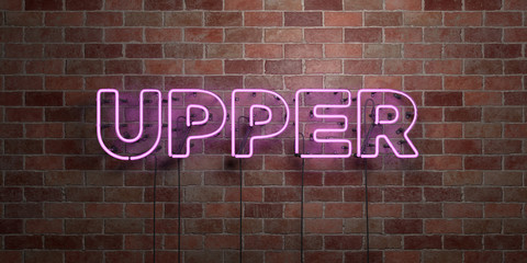 Fototapeta na wymiar UPPER - fluorescent Neon tube Sign on brickwork - Front view - 3D rendered royalty free stock picture. Can be used for online banner ads and direct mailers..