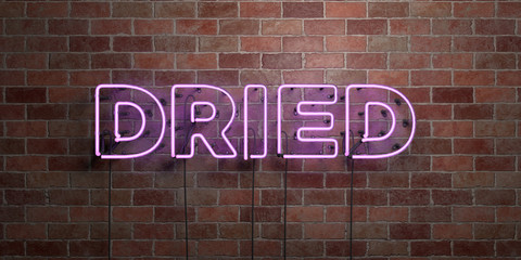 DRIED - fluorescent Neon tube Sign on brickwork - Front view - 3D rendered royalty free stock picture. Can be used for online banner ads and direct mailers..