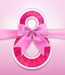 Vector 8 march womens day greeting card with number eight and pink silk bow on horizontal ribbon spring holiday