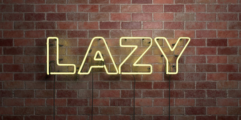 LAZY - fluorescent Neon tube Sign on brickwork - Front view - 3D rendered royalty free stock picture. Can be used for online banner ads and direct mailers..