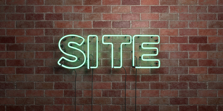 SITE - fluorescent Neon tube Sign on brickwork - Front view - 3D rendered royalty free stock picture. Can be used for online banner ads and direct mailers..
