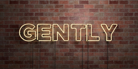 GENTLY - fluorescent Neon tube Sign on brickwork - Front view - 3D rendered royalty free stock picture. Can be used for online banner ads and direct mailers..