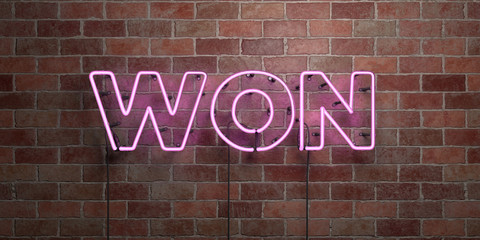 WON - fluorescent Neon tube Sign on brickwork - Front view - 3D rendered royalty free stock picture. Can be used for online banner ads and direct mailers..